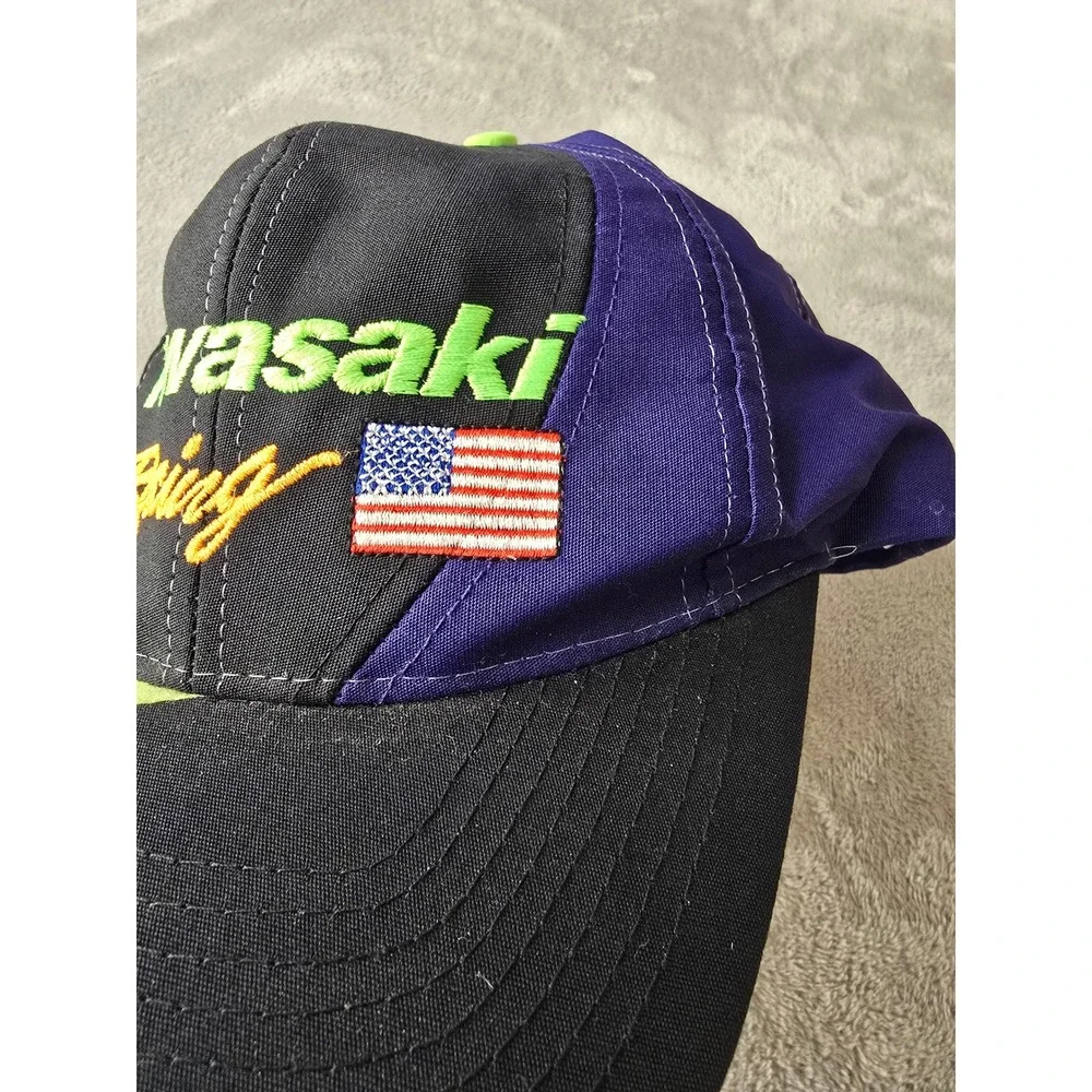 Vintage Kawasaki Racing Snapback Hat Cap Black Purple Neon Green USA Flag